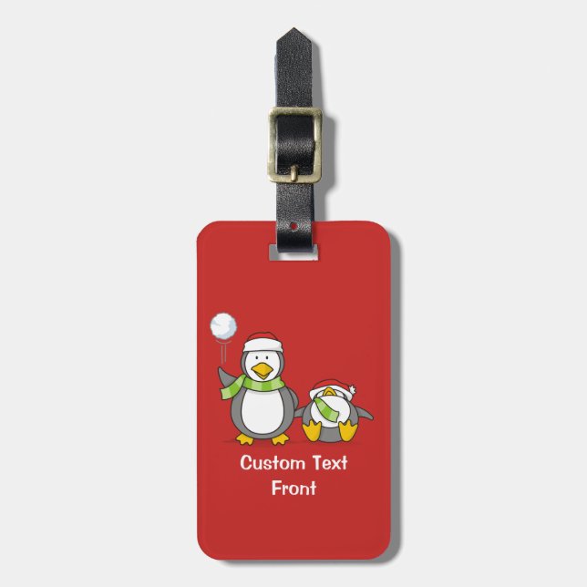 Christmas Snowballing penguins Luggage Tag (Front Vertical)
