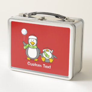 Christmas Snowballing penguins Metal Lunch Box