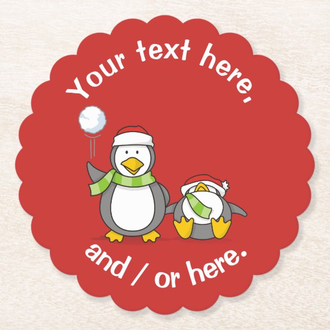 Christmas Snowballing penguins Paper Coaster (Front)