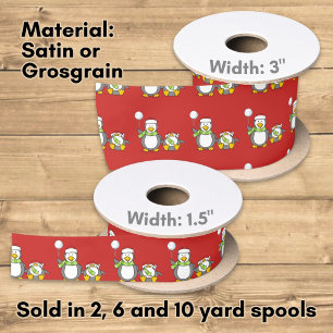 Christmas Snowballing penguins Satin Ribbon