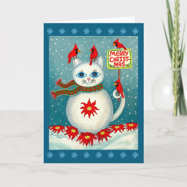 Christmas Snowcat Cardinal Bird Snowman Poinsettia Card (Front)
