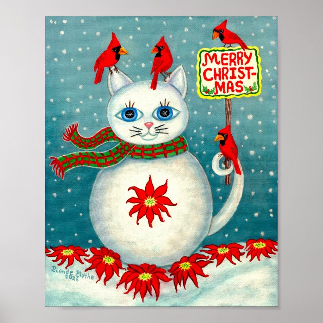 Christmas Snowcat Cardinal Bird Snowman Poinsettia Poster (Front)