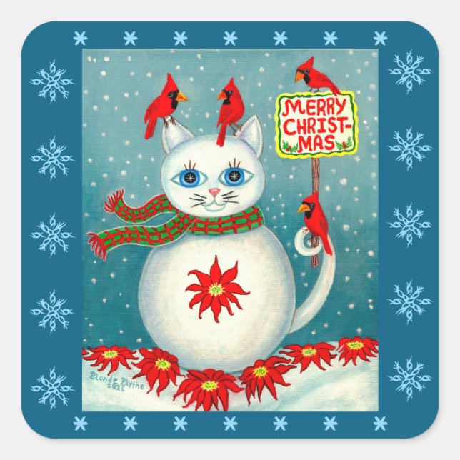 Christmas Snowcat Cardinal Bird Snowman Poinsettia Square Sticker (Front)