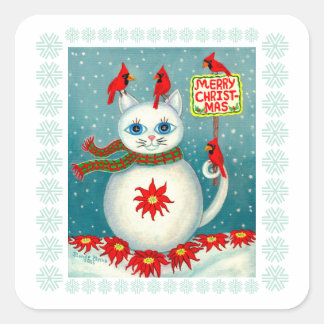 Christmas Snowcat Cardinal Bird Snowman Poinsettia Square Sticker