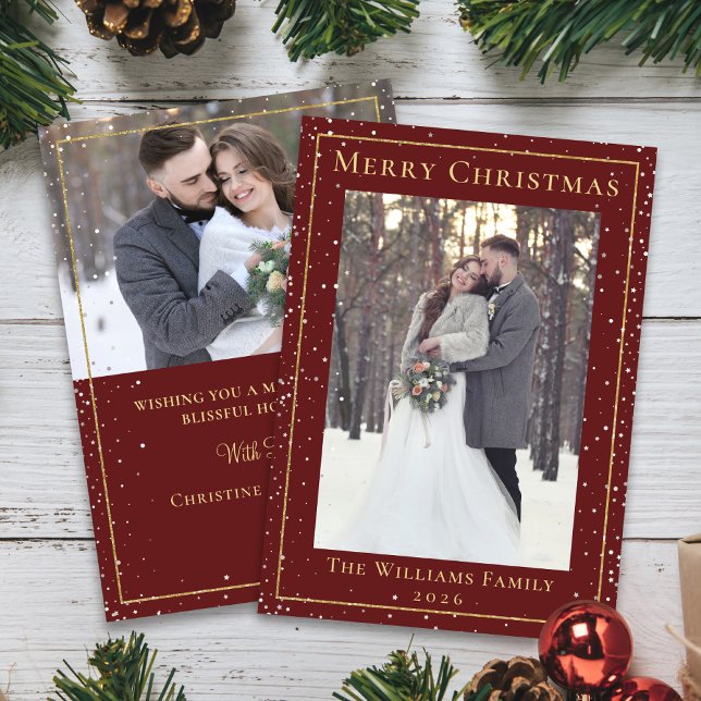 Christmas Snowfall Maroon Red Gold 2 Photo Holiday Card (Creator Uploaded)