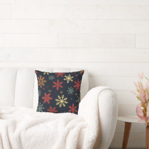 Christmas Snowflake Black Red Gold Cushion