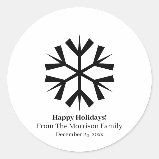 Christmas snowflake black white custom name date classic round sticker (Front)