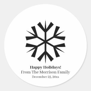 Christmas snowflake black white custom name date classic round sticker