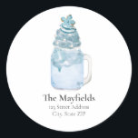 Christmas Snowflake Blue Milkshake Address Classic Round Sticker<br><div class="desc">Illustration of blue milkshake in mason jar topped with whipped cream,  snowflake sprinkles,  and Christmas cookie.</div>