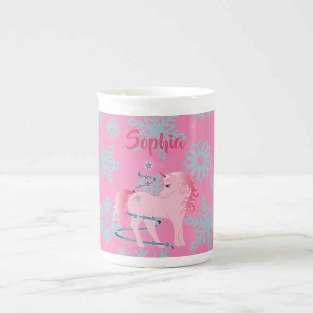 Christmas Snowflake Cute Pink Unicorn Chocolate Bone China Mug (Front)