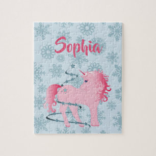 Christmas Snowflake Cute Unicorn Blue Pink Jigsaw Puzzle
