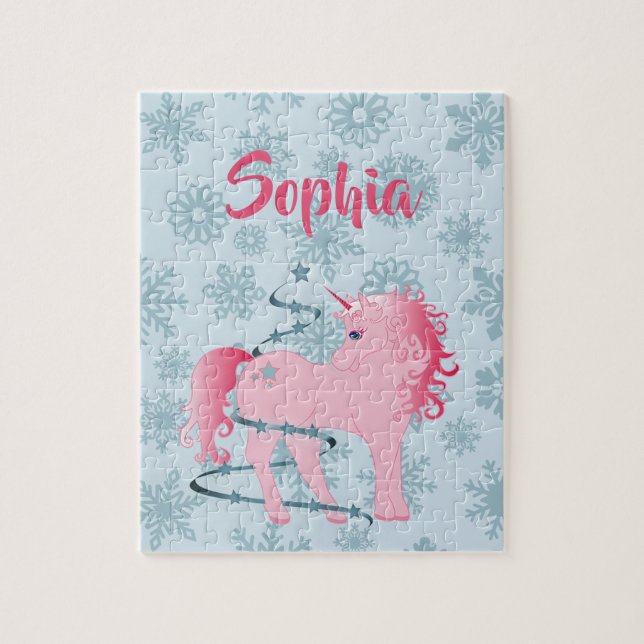 Christmas Snowflake Cute Unicorn Blue Pink Jigsaw Puzzle (Vertical)