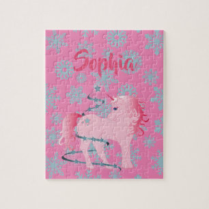 Christmas Snowflake Cute Unicorn Pink Jigsaw Puzzle