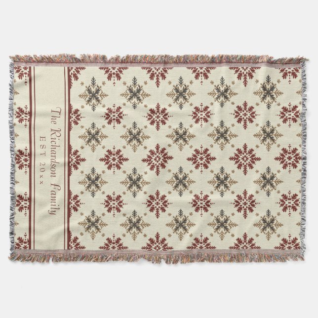 Christmas Snowflake Faux Knit Pattern Family Name Throw Blanket (Front)