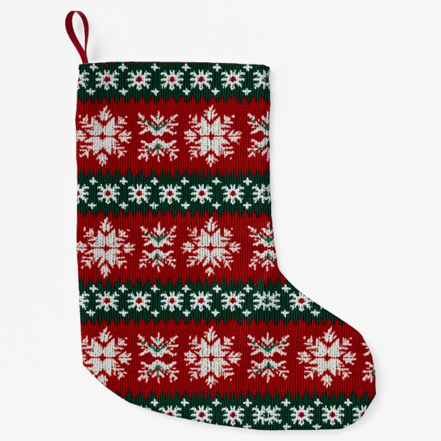 Christmas Snowflake Faux Knitted Red Green Pattern Small Christmas Stocking (Front)