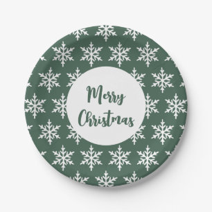 Christmas Snowflake Green Minimalist Holiday Party Paper Plate