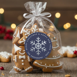 Christmas Snowflake Navy Blue Faux Silver Elegant Classic Round Sticker