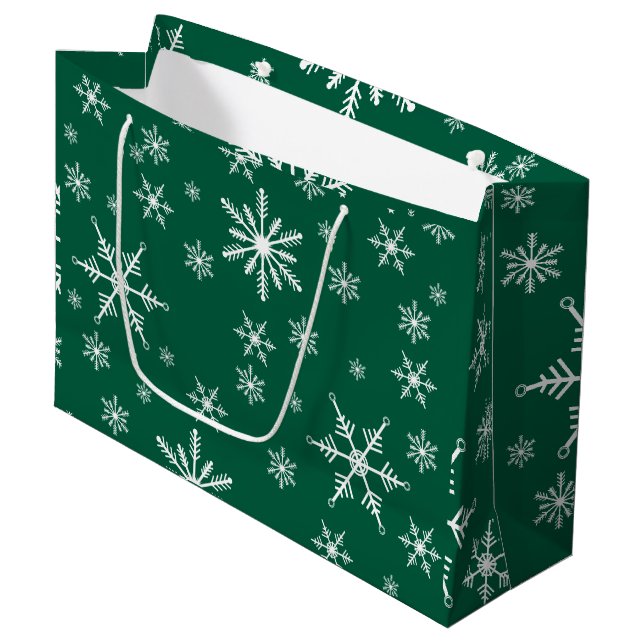 Christmas Snowflake On Green Large Gift Bag (Front Angled)