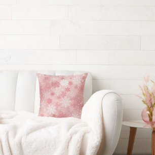Christmas Snowflake Pink White Cushion