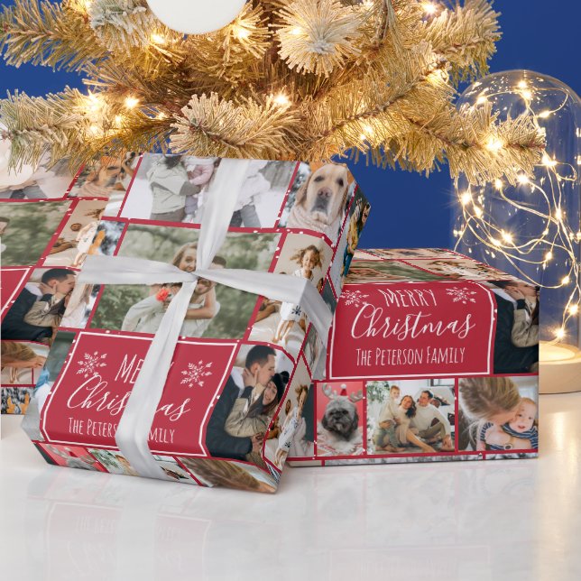 Christmas snowflake red 10 photos collage grid  wrapping paper (Holidays)