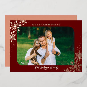 Christmas Snowflake Rounded Corner Photo Rose Gold Foil Holiday Card