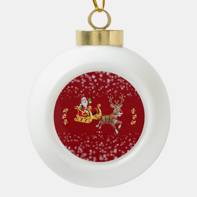 Christmas Snowflake Santa Ho Ho Ho Reindeer Sleigh Ceramic Ball Christmas Ornament (Front)