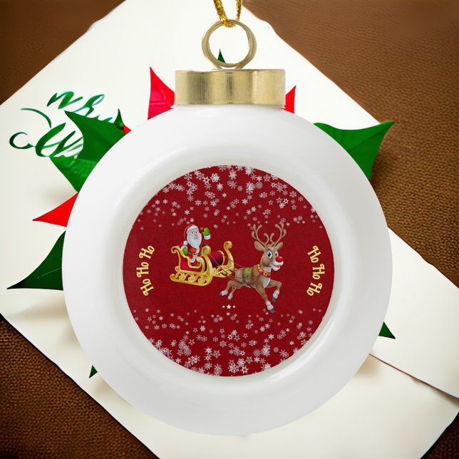 Christmas Snowflake Santa Ho Ho Ho Reindeer Sleigh Ceramic Ball Christmas Ornament (Christmas Snowflake Santa Ho Ho Ho Reindeer Sleigh Ceramic Ball Christmas Ornament)