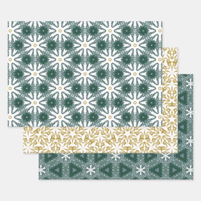 Christmas Snowflake Star Gold Green Luxury Pattern Wrapping Paper Sheet (Set)