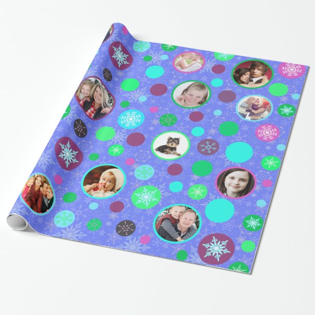 Christmas Snowflakes 14 Family Pictures Purple Wrapping Paper (Unrolled)