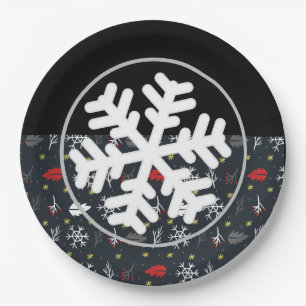 Christmas Snowflakes and Leaves with Black Back  Paper Plate