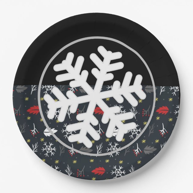 Christmas Snowflakes and Leaves with Black Back  Paper Plate (Front)