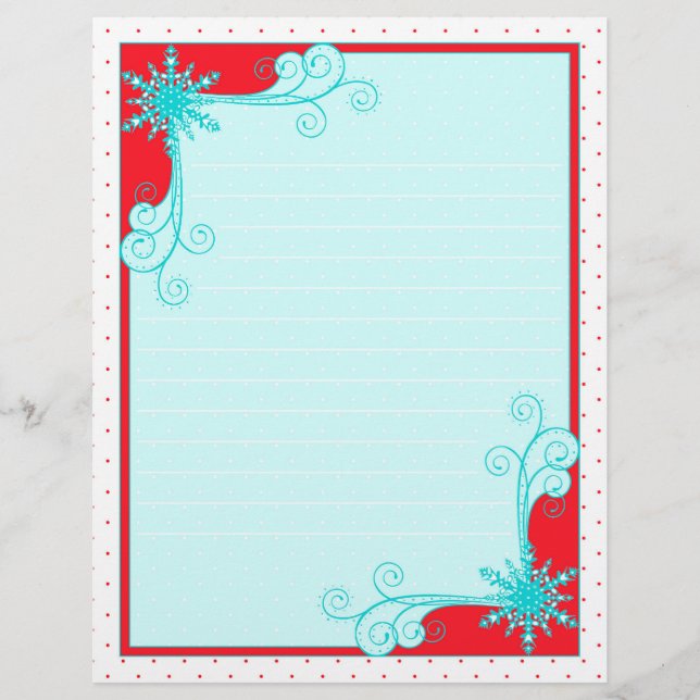 Christmas Snowflakes and Swirls Beautiful Red Aqua Custom Letterhead (Front)