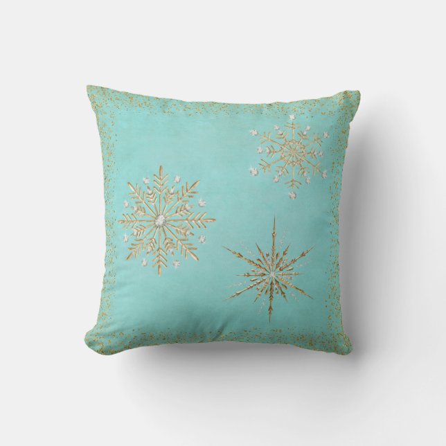 Christmas Snowflakes Aqua & Gold Glitter Cushion (Front)