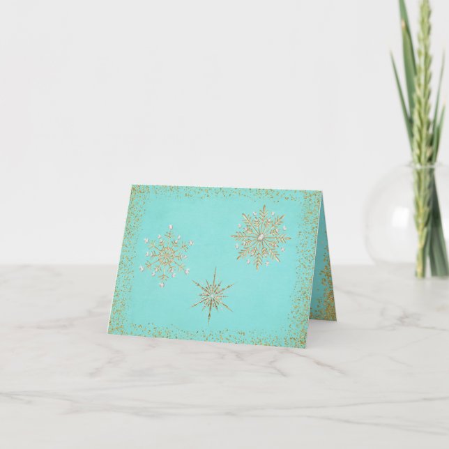 Christmas Snowflakes Aqua & Gold Holiday Card (Front)