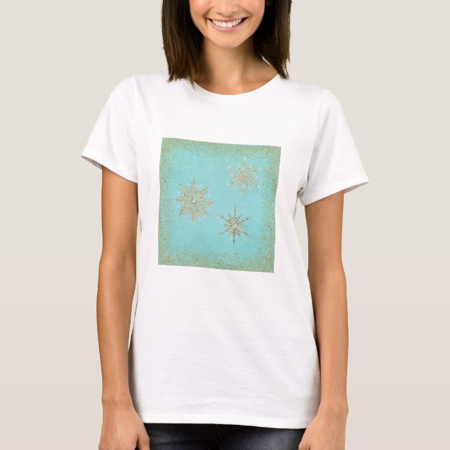Christmas Snowflakes Aqua & Gold T-Shirt (Front)