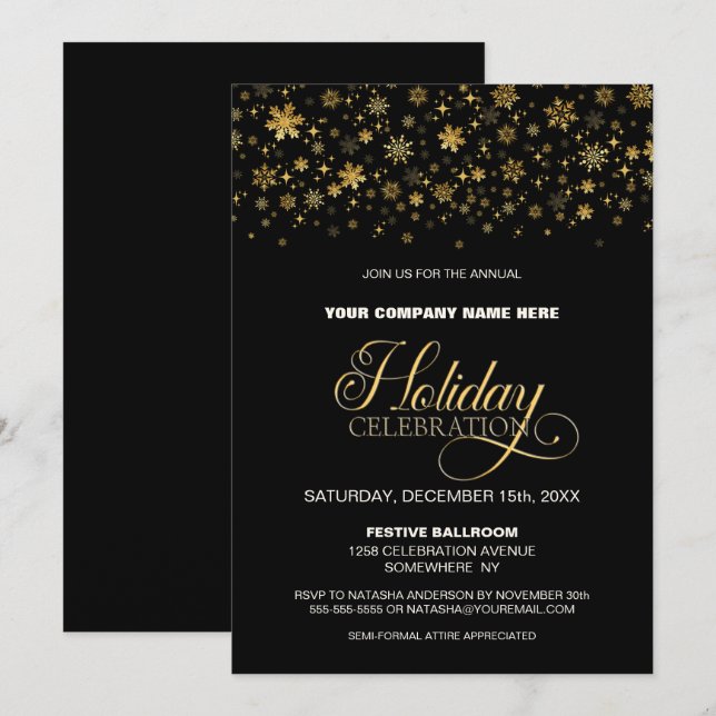 Christmas Snowflakes Black Holiday Party Invitation (Front/Back)