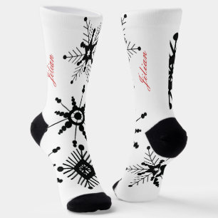 Christmas Snowflakes Black Script Name Red Socks