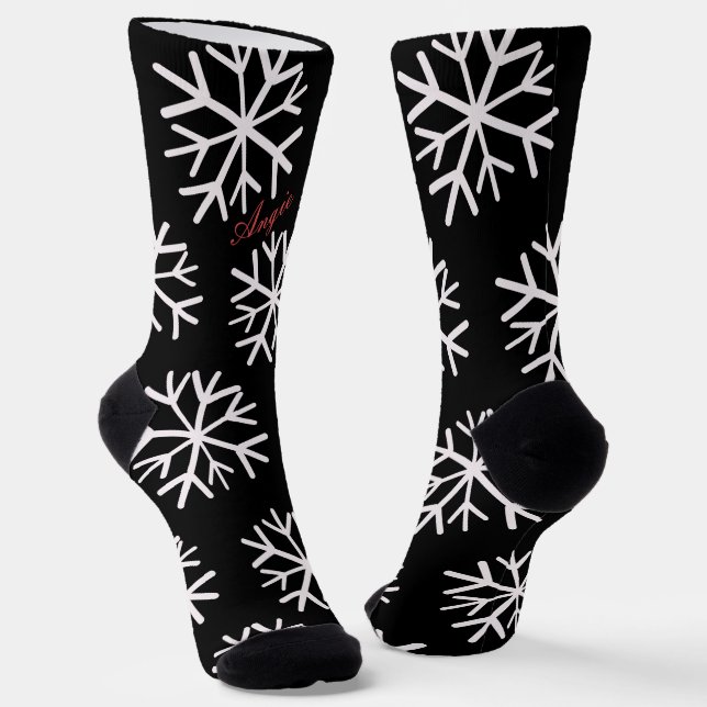 Christmas Snowflakes  Black White Script Name Socks (Angled)