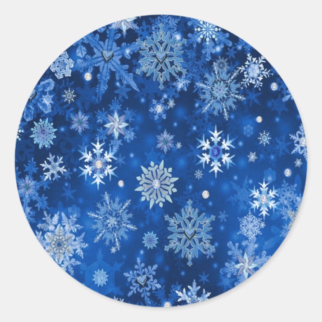 Christmas Snowflakes Blue and Silver Classic Round Sticker (Front)
