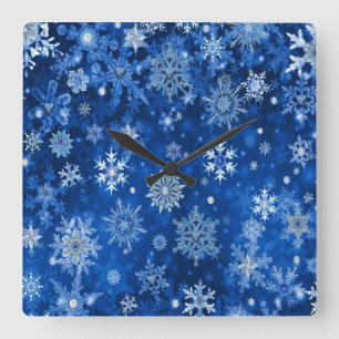 Christmas Snowflakes Blue and Silver Square Wall Clock