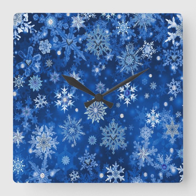 Christmas Snowflakes Blue and Silver Square Wall Clock (Front)