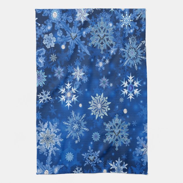 Christmas Snowflakes Blue and Silver Tea Towel (Vertical)