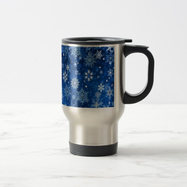 Christmas Snowflakes Blue and Silver Travel Mug (Right)