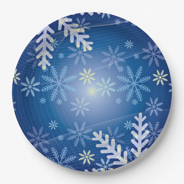Christmas Snowflakes - Blue Background Paper Plate (Front)