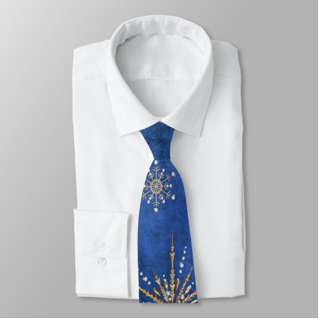 Christmas Snowflakes Blue & Gold Holiday Tie (Tied)