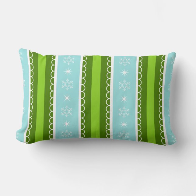 Christmas Snowflakes Blue & Green Stripe Pattern Lumbar Cushion (Front)