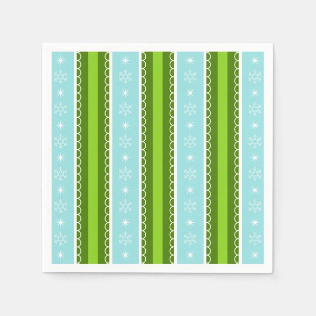 Christmas Snowflakes Blue & Green Stripe Pattern Napkin (Front)