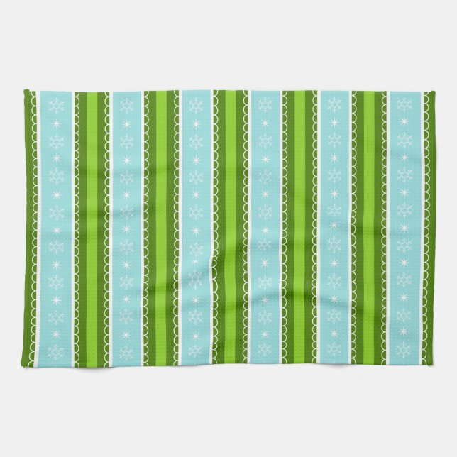 Christmas Snowflakes Blue & Green Stripe Pattern Tea Towel (Horizontal)