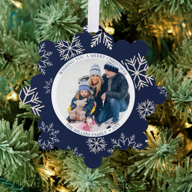 Christmas Snowflakes blue Photo Tree Decoration Card (Insitu (Tree))