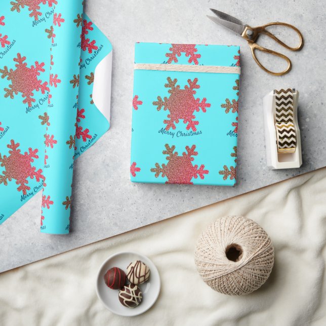 Christmas Snowflakes Blue Pink Rose Gold Glitter Wrapping Paper (Crafts)